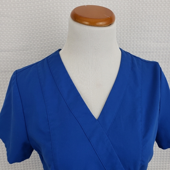 Greys Anatomy Top 2 Pocket Faux Crossover Scrub Top Royal Blue size Small - Picture 5 of 7